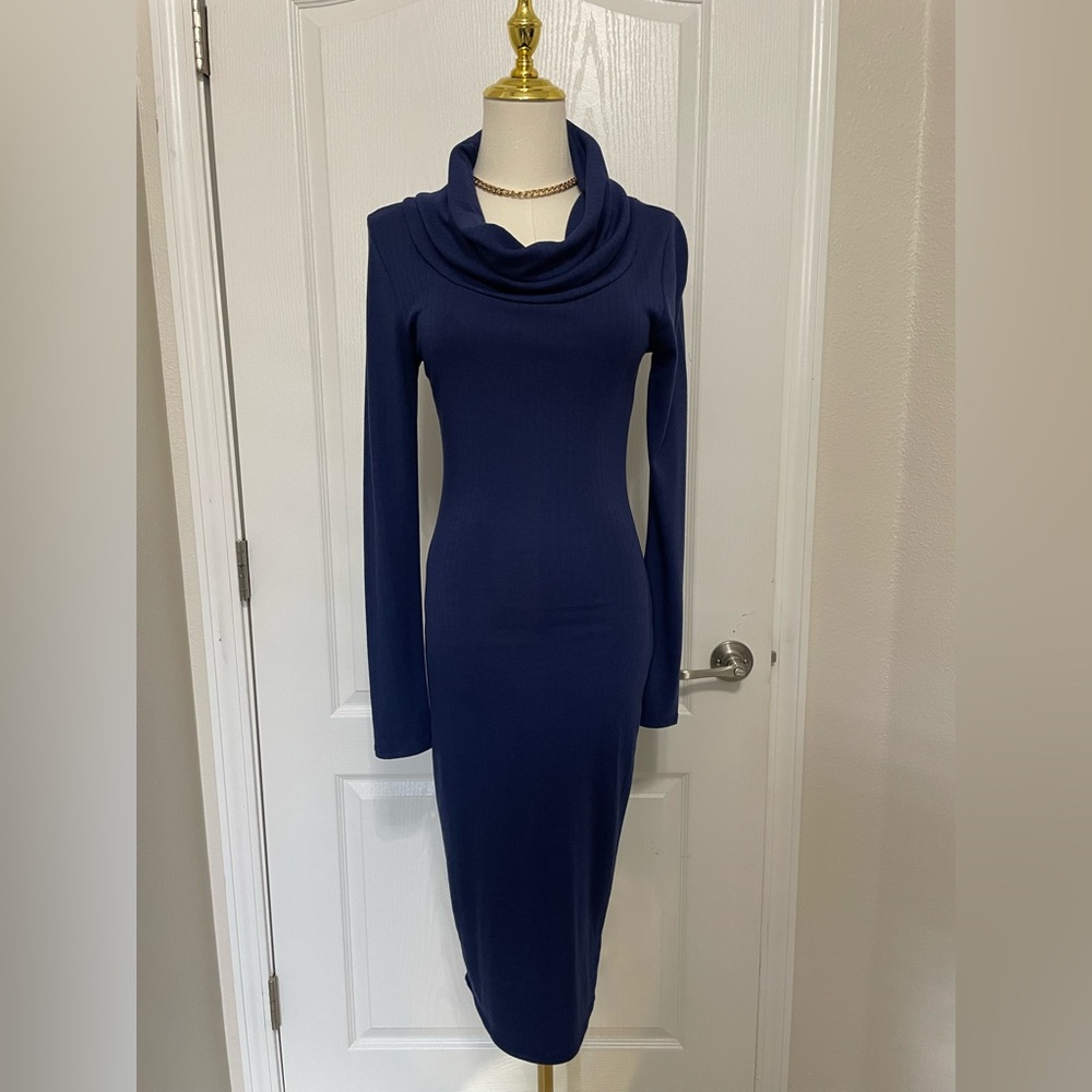 A+ Ellen Blue Cowl Neck Long Sleeve Bodycon Dress